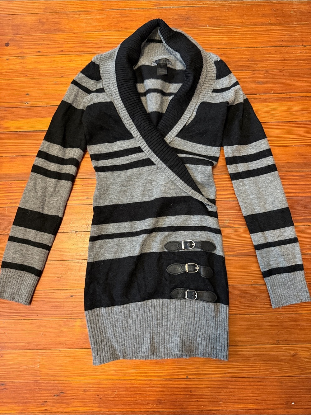 mandee Gray and Black Striped Shawl Collar Sweater Cardigan